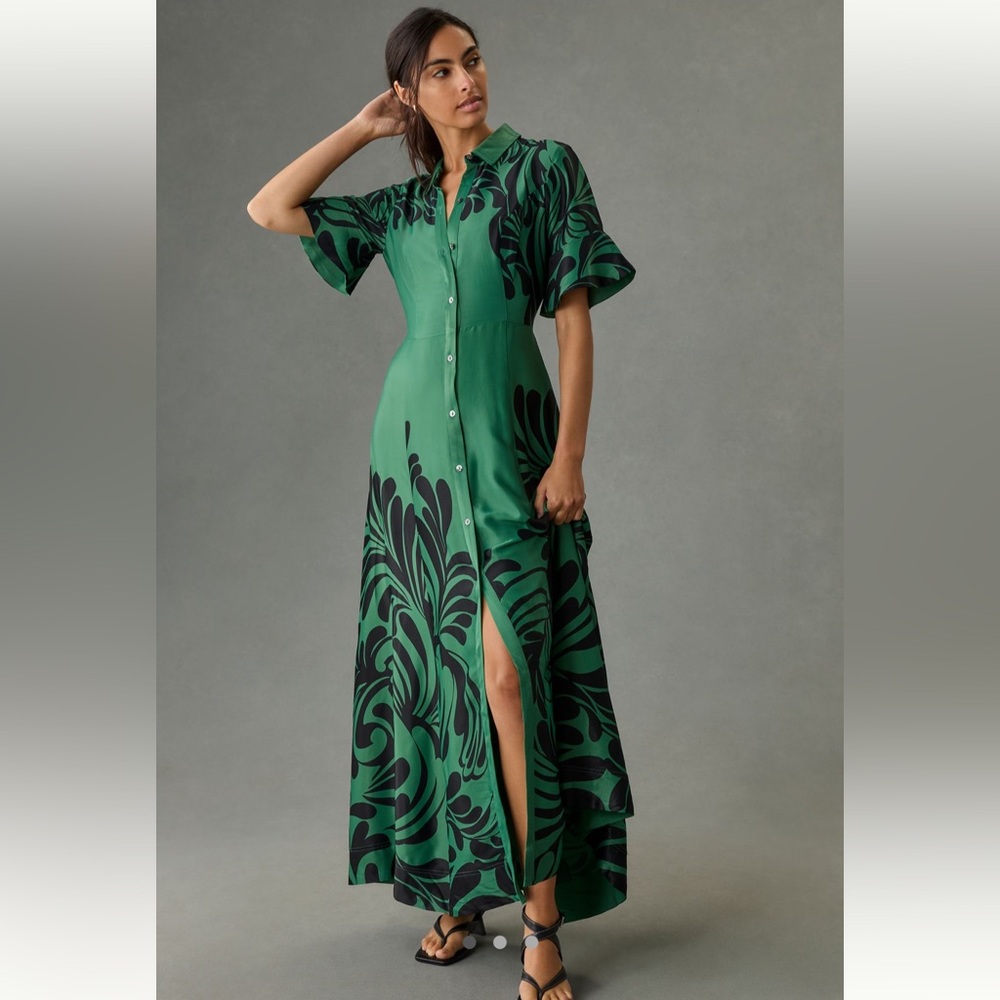 Maeve Bell-Sleeved Buttondown Shirt Dress Elegant Maxi Dress